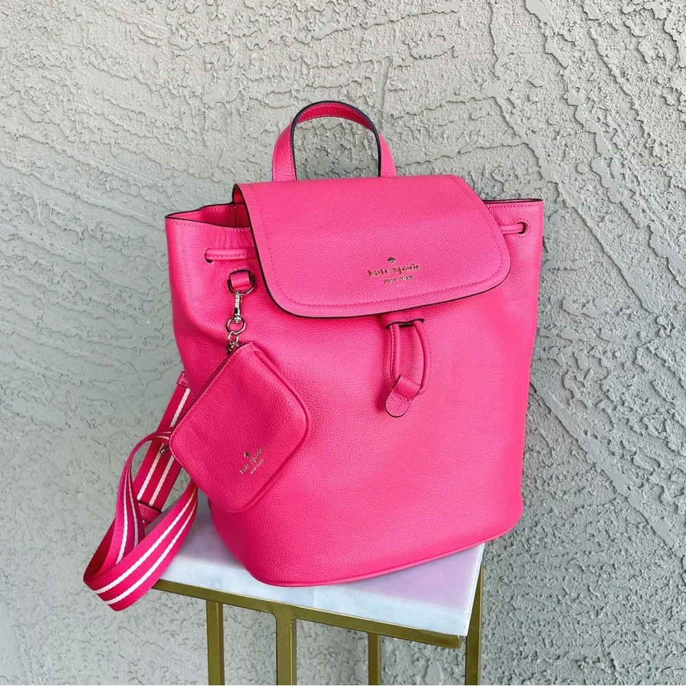 KATE SPADE Pink Leather Rosie Medium Flap Backpack w Keychain Pouch Stripe Strap
